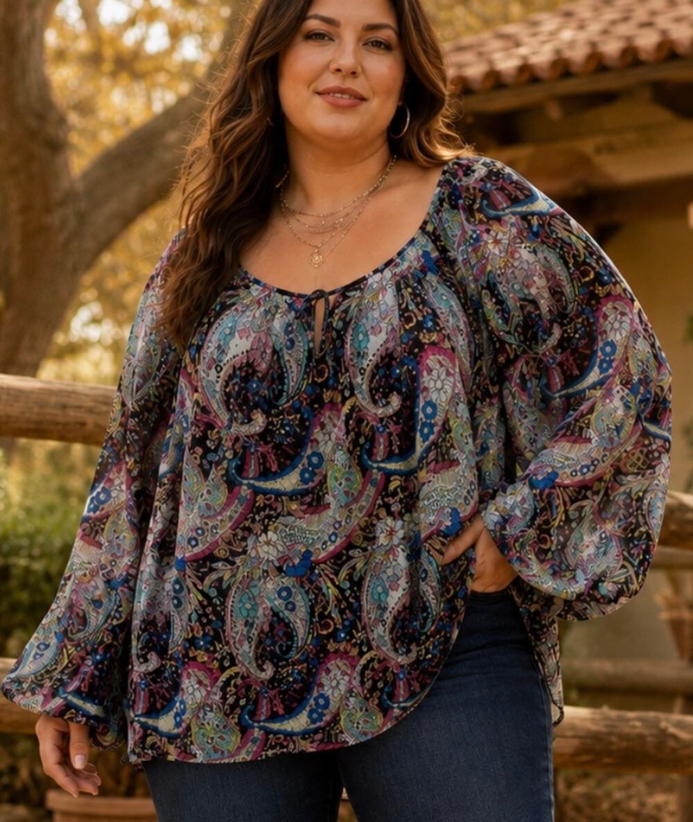 Lily Star Peasant Top Sheer Blouse Y2K Cottagecore Flowy Boho Paisley 3X retro